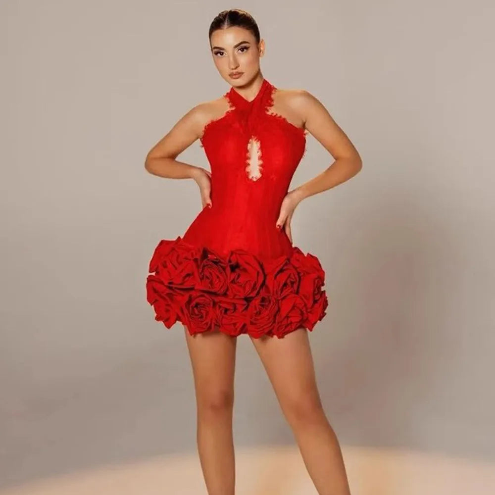Women Sexy Hollow Out Lace Patchwork Bandage Dress Fashion Flowers Club Party Mini Dresses
