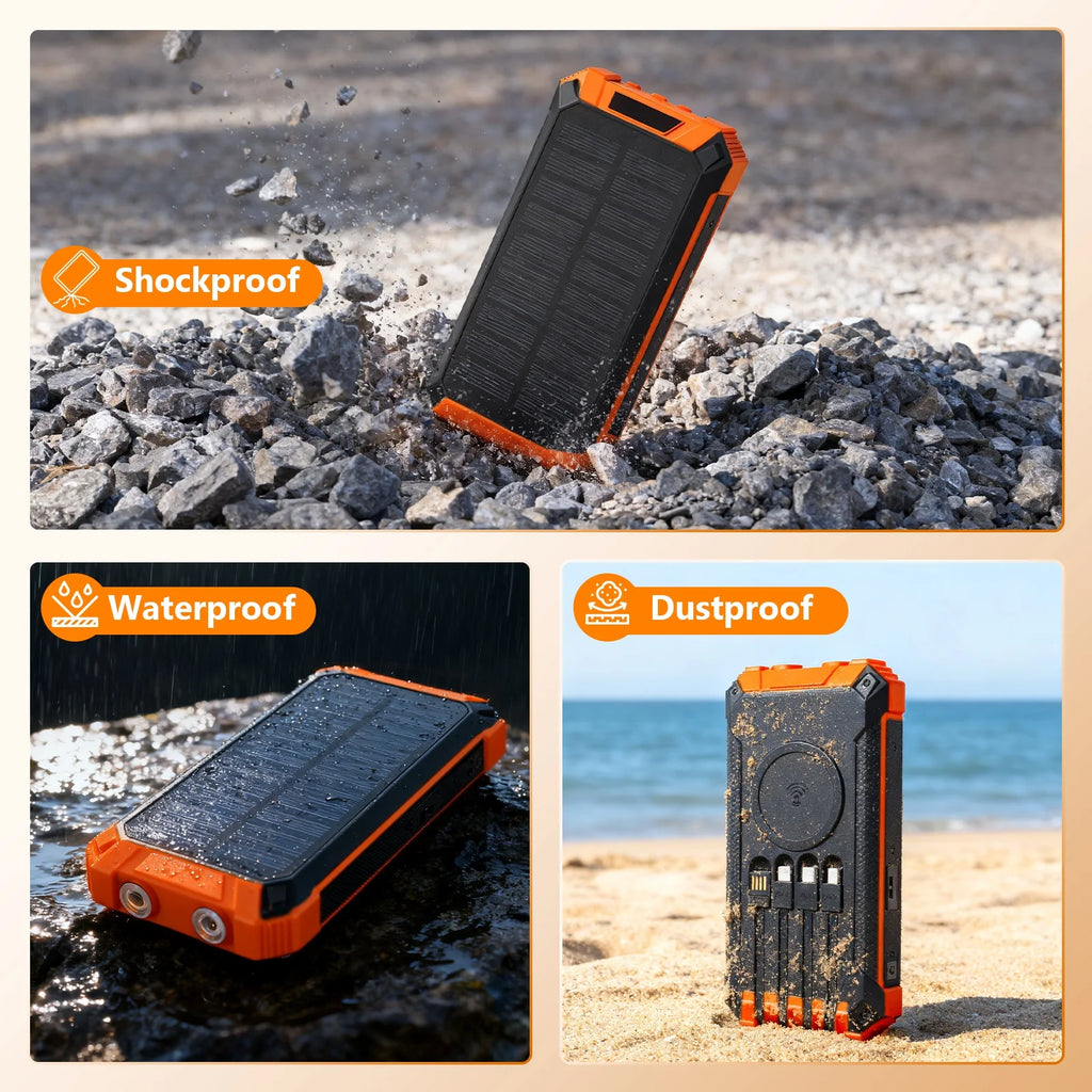 20000mAh Portable Solar Power Bank Dual LED Lights 4 Built-in Cables Fast Charging for iPhone Android Phones AirPods