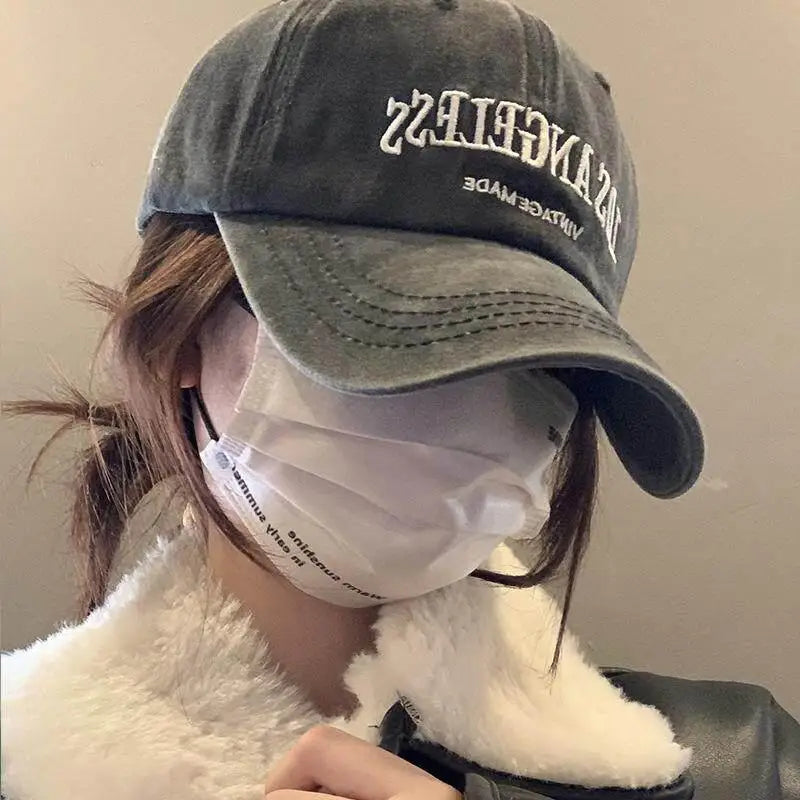Retro Baseball Cap For Women Summer Washed Denim Letter Sun Hat Wide Brim Fashionable Duckbill Cap