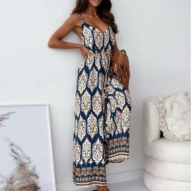 Elegan V-neck High Waist Jumpsuit Women's Fashion Pattern Print Loose Long Romper Causal Sleeveless Wide Leg Playsuit Women
