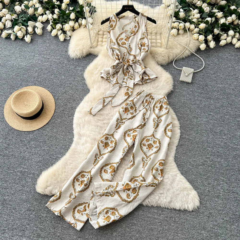 SINGREINY Boho Print Vacation Suits Summer 2026 Sleeveless Lace Up Tank Top+Loose Wide Leg Pant Chic Lazy Casual Women 2pcs Sets