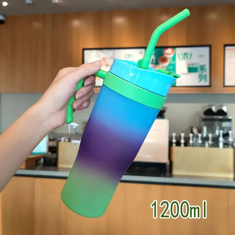 1200ml Large Capacity Gradient Frosted Sports Water Bottle Tumbler for Car Gym Outdoor Travel Reusable BPA Free Cup with Straw