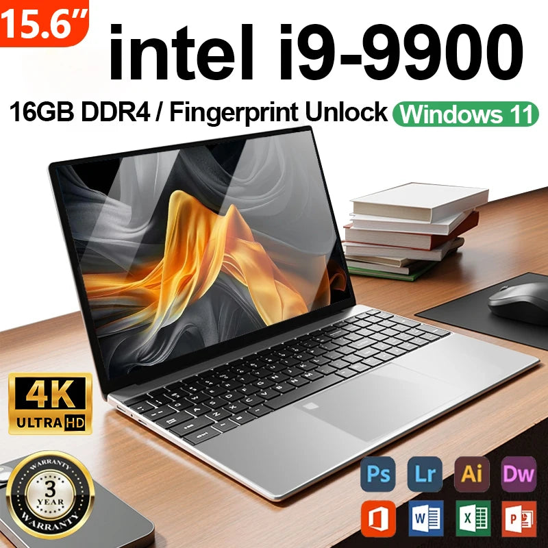 New Office Laptop Intel Core I9 9900 15.6 inch 4K HD Screen Windows 11 16GB RAM 1TB SSD Portable Slim Laptops PC Gamer Computer
