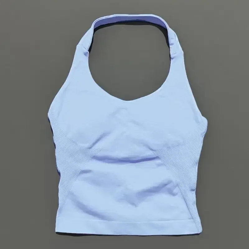 Halter Yoga Tank Top Women Sexy Seamless Strappy Backless Slim Fit Padded Breathable Gym Fitness Running Workout Sports Tops