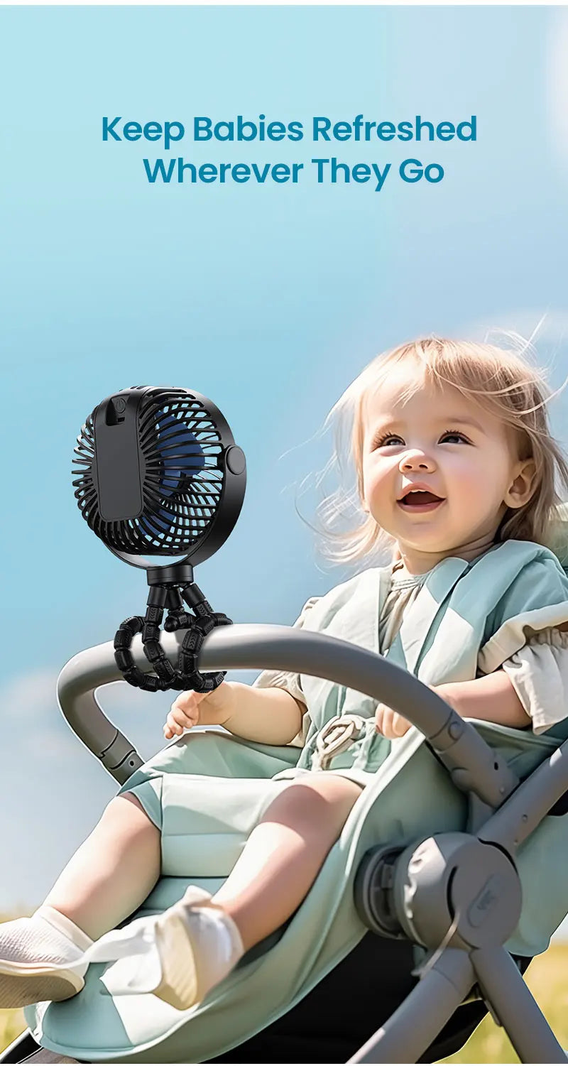 5000mah Stroller Portable Mini Fan USB Rechargeable Outdoor Electric Fan 4 Gear Speed 360°Degree Rotata & Digital Display