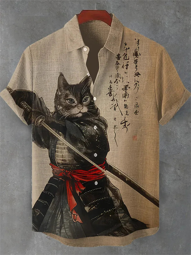 Hawaiian Linen Short Sleeved Shirt Men's Cat Print Short Sleeved Shirt Top with Collar for Casual Vacation Clothing Top