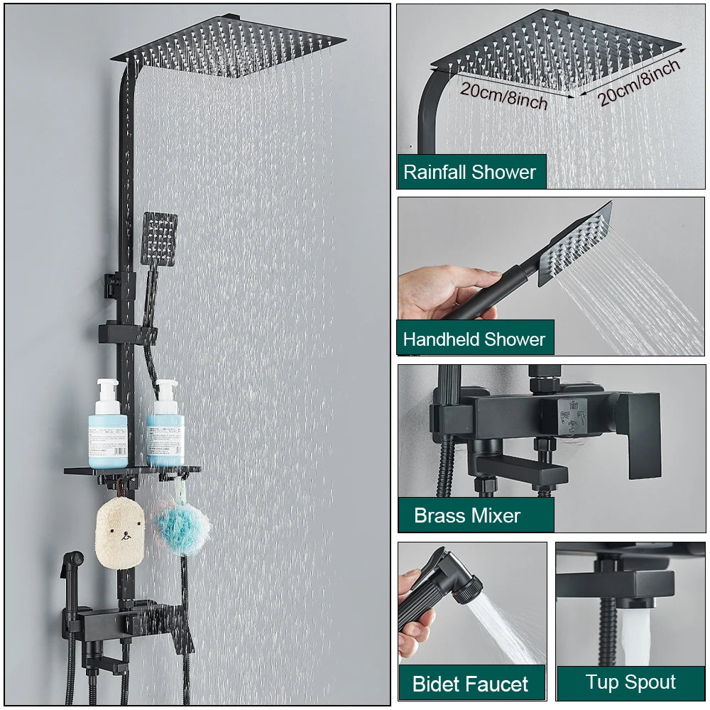 Shower Faucet Set Rainfall 3/4-ways Bathtub Tap With Bathroom Shelf Height Adjust Brass Mixer Crane Hot Cold Water Systems