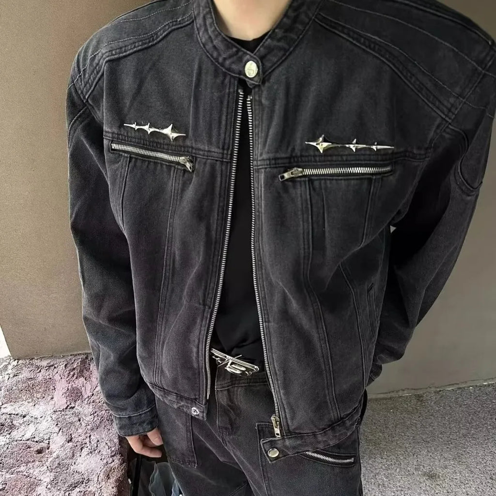 American Vintage Washed Cropped Denim Jacket, Metal Collarless Jacket For Men