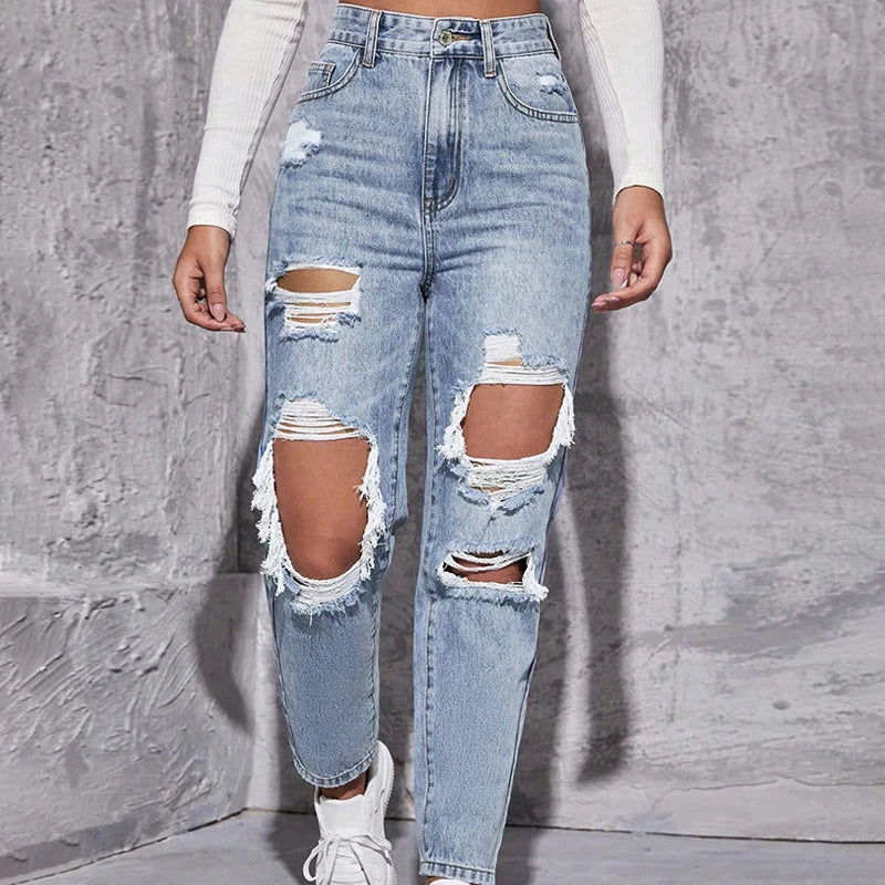 Women's Distressed Straight Leg Jeans Ripped Hole Denim Pants Casual Loose High Waist Street Style Trousers