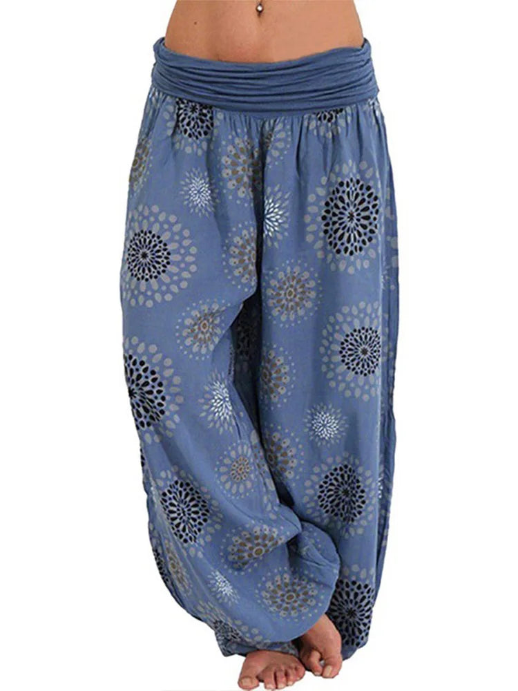 Women's Pants Floral Printed Patchwork Pleaded Harem Pants Bohemian Female High Waist Wide Leg Trousers Casual Ladies Streetwear