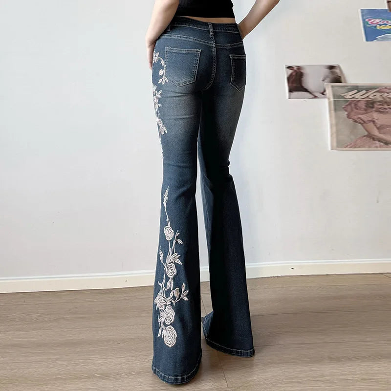 URBANCREW Y2K Embroidered Flare Jeans — Vintage Streetwear