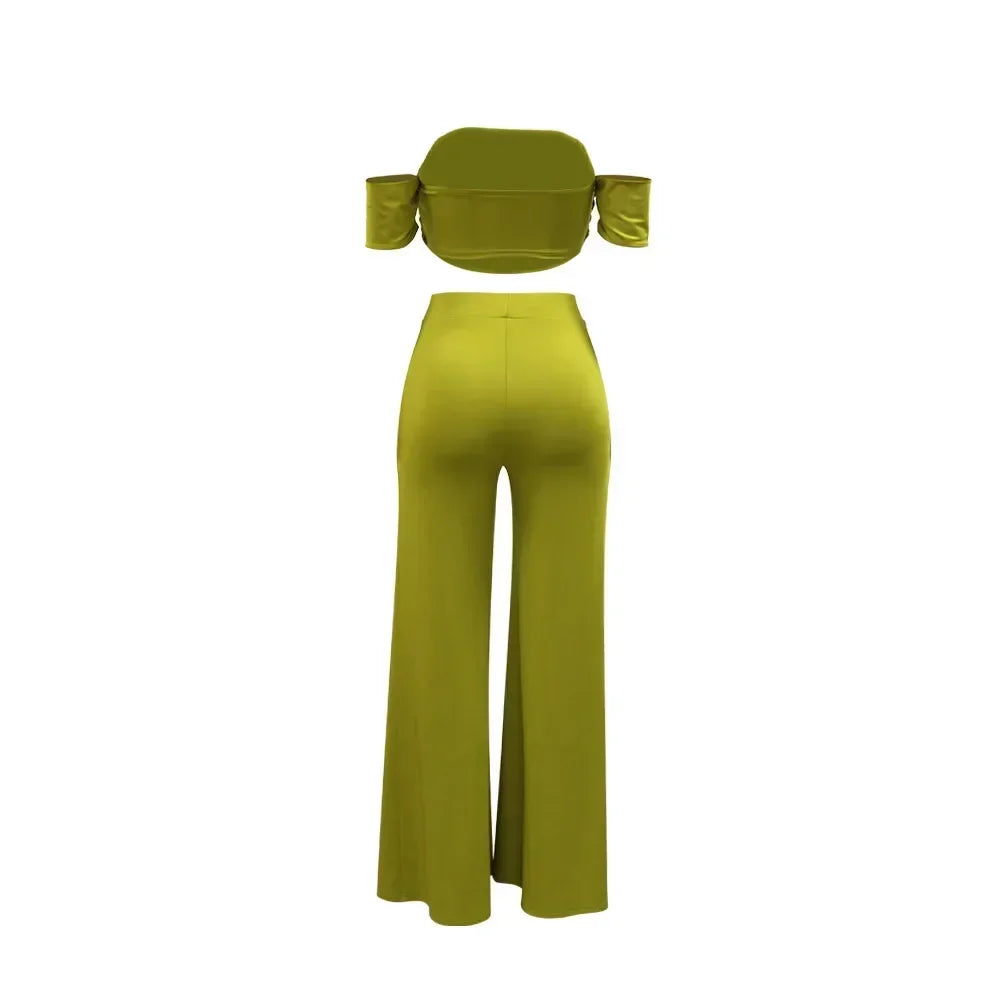 Women's Set Short Sleeve Slash Neck Ruched Tops and Wide Leg split Pants 2025 Street Two 2 Piece Sets Outfit Tracksuits