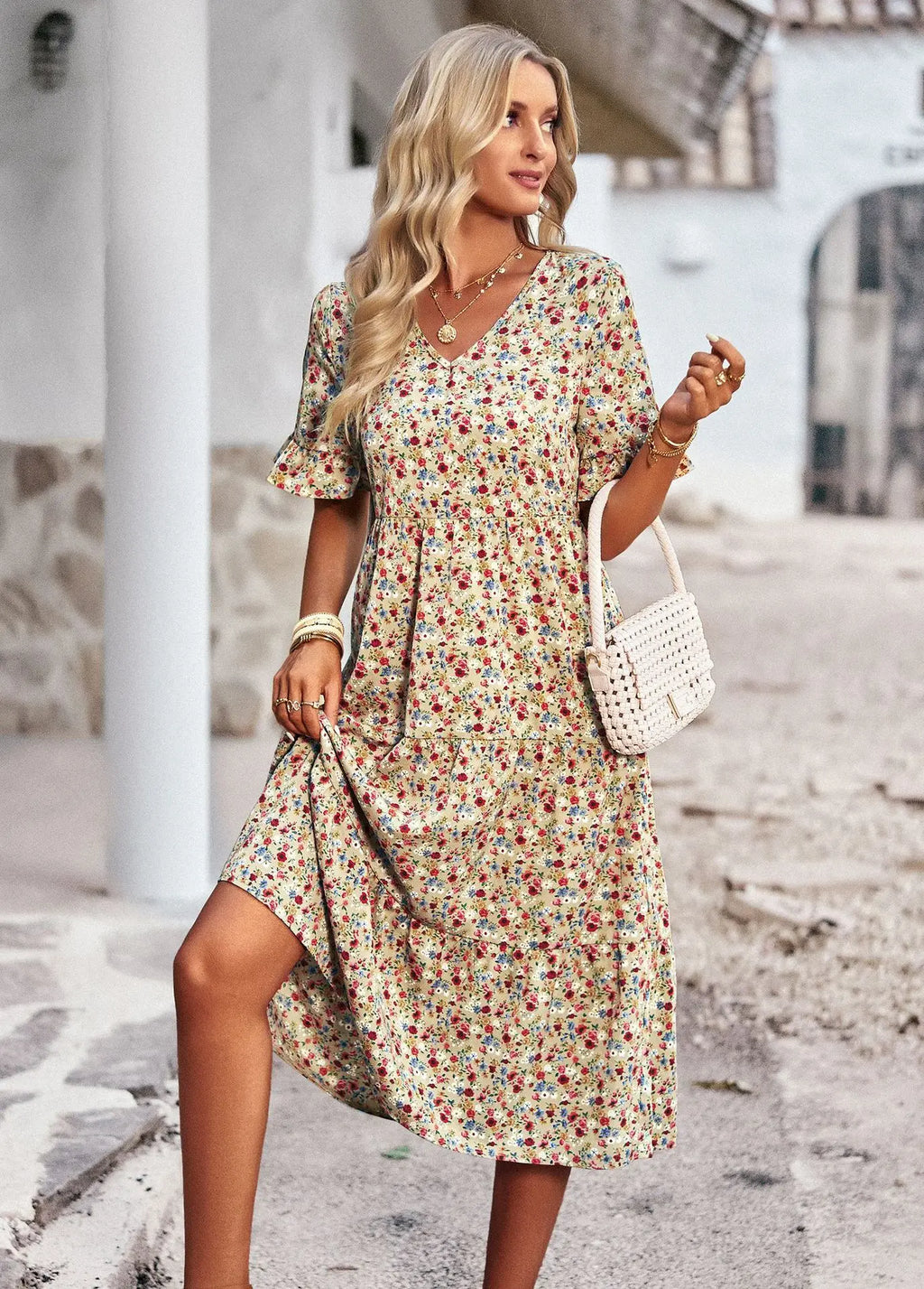 Msfilia Fashion V Neck Elegant Printed Dress Women Summer Short Sleeve High Waist A Line Floral Holiday Dresses