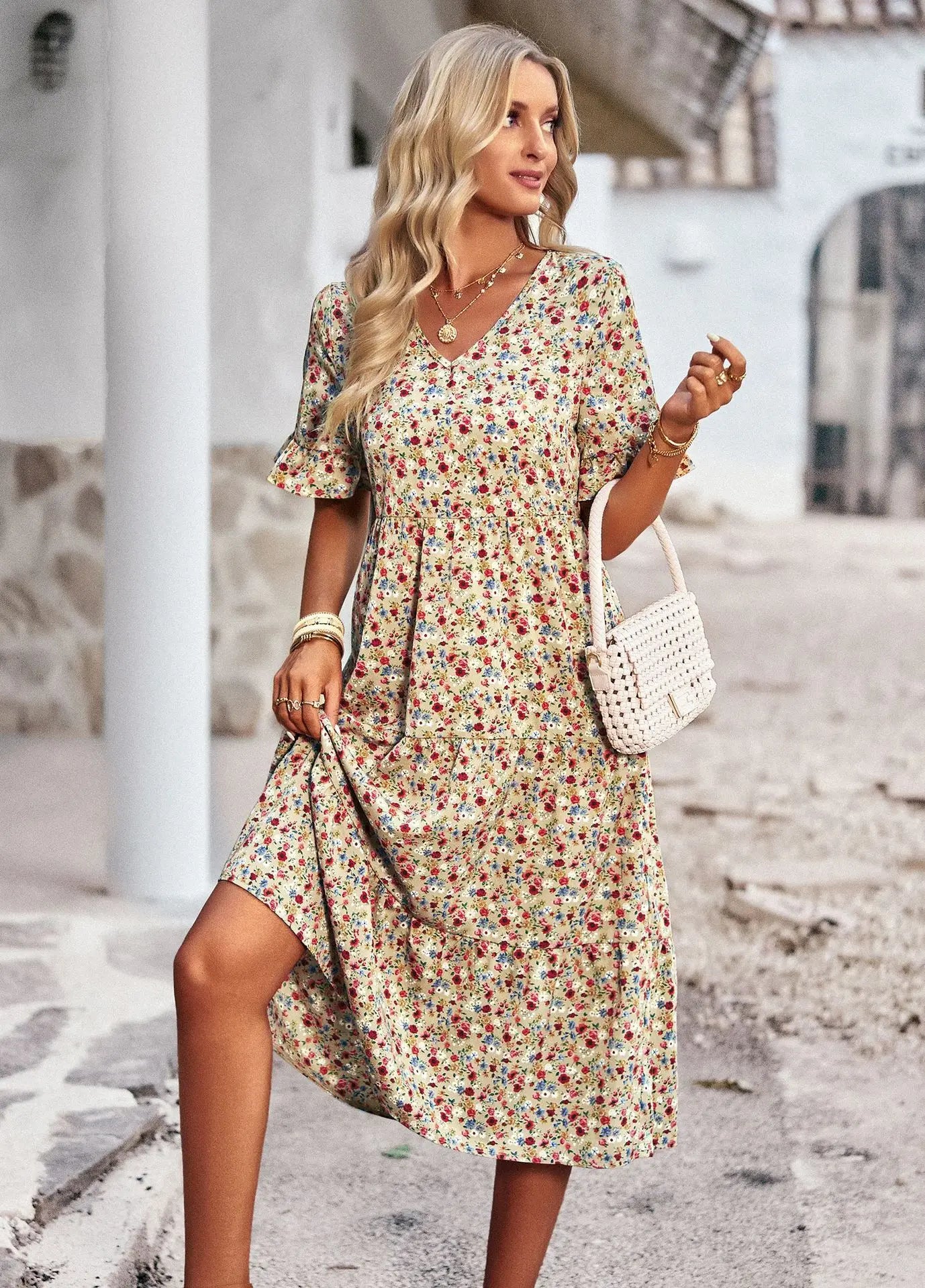 Msfilia Fashion V Neck Elegant Printed Dress Women Summer Short Sleeve High Waist A Line Floral Holiday Dresses