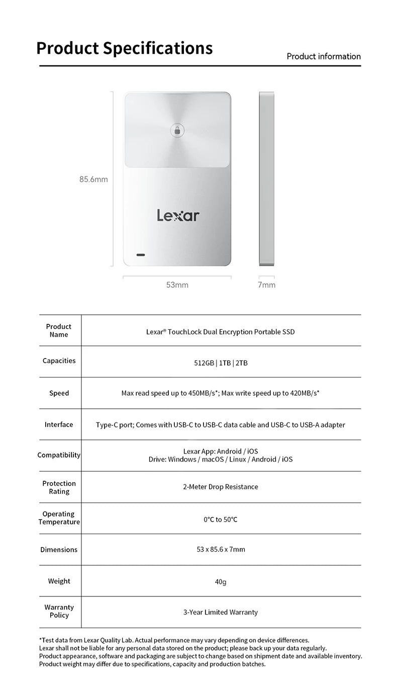 Lexar TouchLock SL280 Portable SSD USB3.2 Gen1 450MB/s NFC AES Encryption Mini MagSafe External Drive 512GB 1TB for Phone Laptop