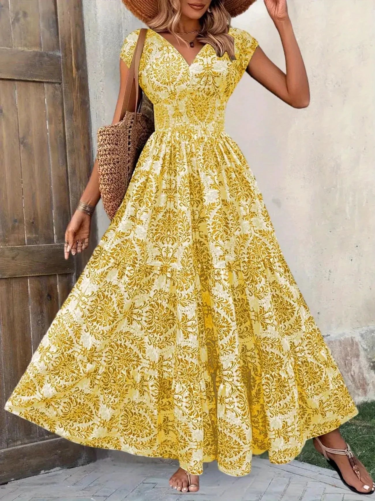 Women's Summer Retro Fashion Floral Printed Sexy V-neck Short Sleeve High Waist Medium Length Bohemian Loose Holidays Dresses