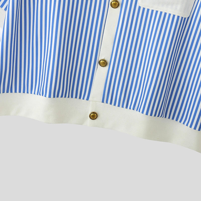 INCERUN Men Shirt Striped Patchwork Lapel Short Sleeve Casual Men Clothing Summer Color-block Fashion Leisure Tops Male Shirts