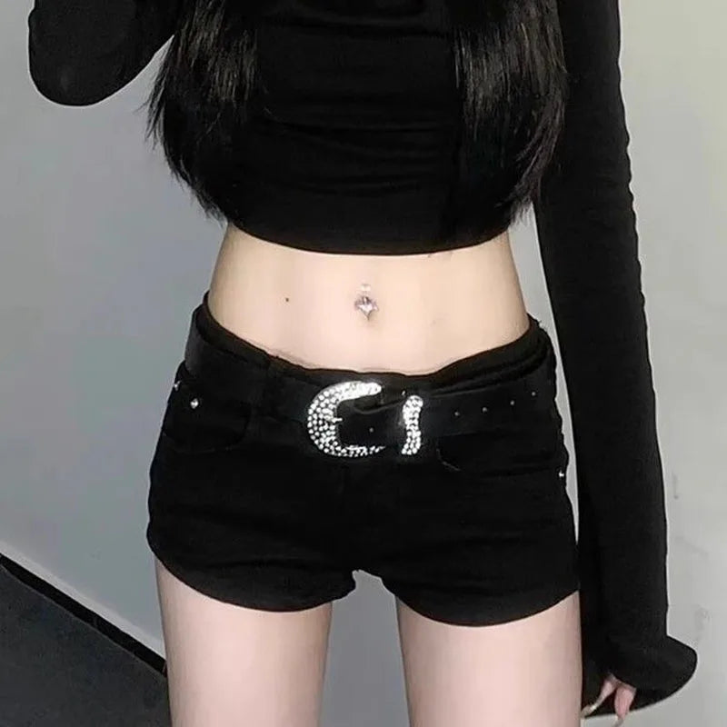 Summer Black Hot Shorts for Women Sexy Low Rise Y2K Gothic Tight Denim Short Pants Female Harajuku Streetwear Grunge Mini Shorts