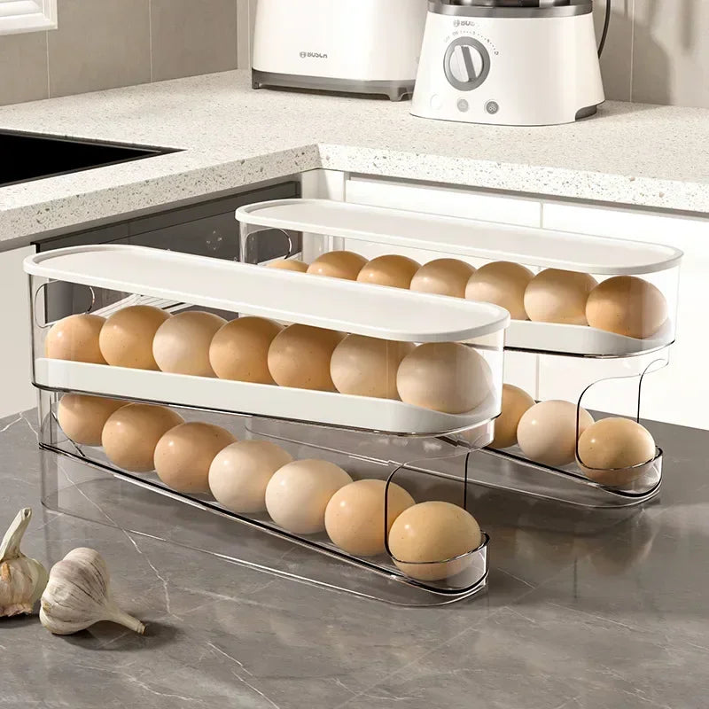 Double Layers Egg Storage Box Refrigerator Automatic Rolling Slide Egg Rack Refrigerator Side Door Freshness Box Kitchen Storage
