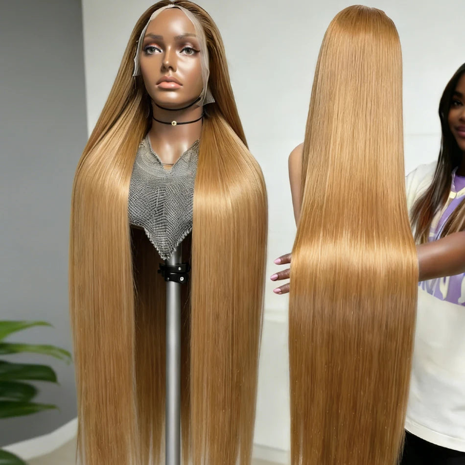 200 Density 27 Honey Blonde HD Lace Frontal Human Hair Wig 13x4 HD Transparent 30 Inch Straight Hair Lace Front Wig Pre-Plucked Pre-Trimmed Lace Frontal Wig