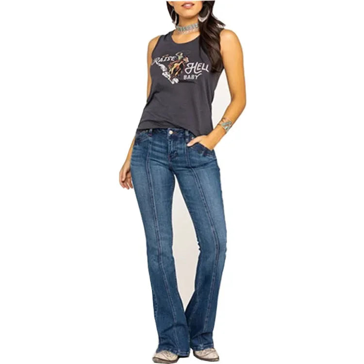 European American Ladies Washed Flare Denim Pants High Waist Slim Fit Casual Daily Long Women Jeans For Street Daily Wear