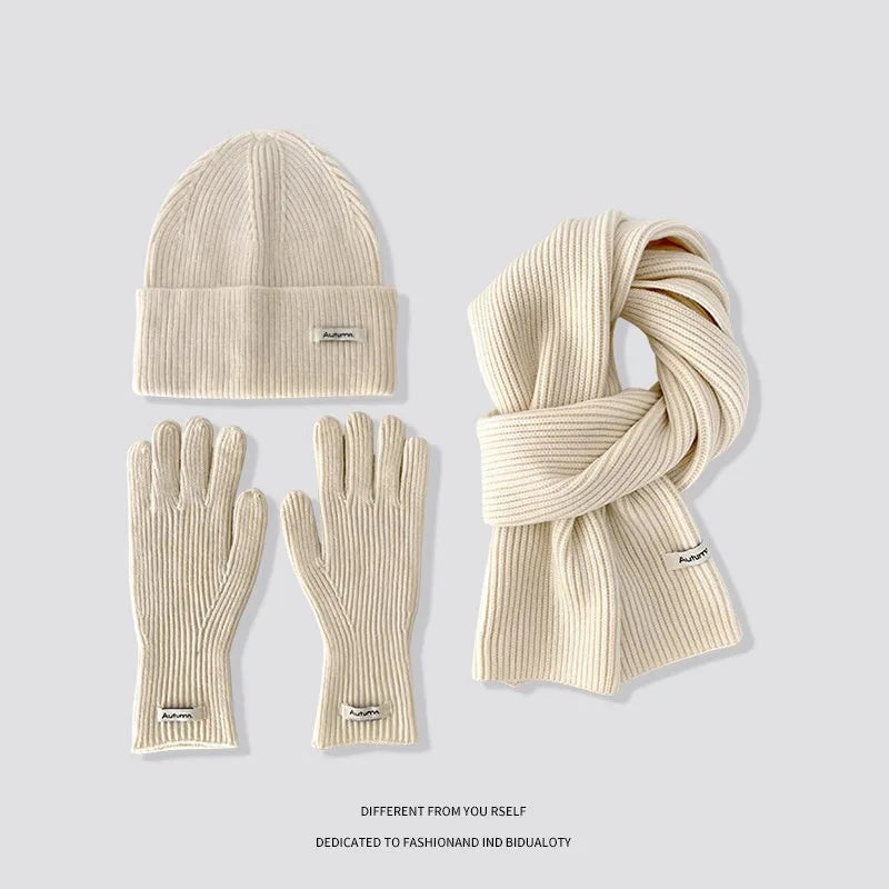 Knitted Winter Scarf Woman Solid Color Hat Scarf Gloves Women's Windproof Adult Three-piece Set Fashion Women's Scarf Hat Set