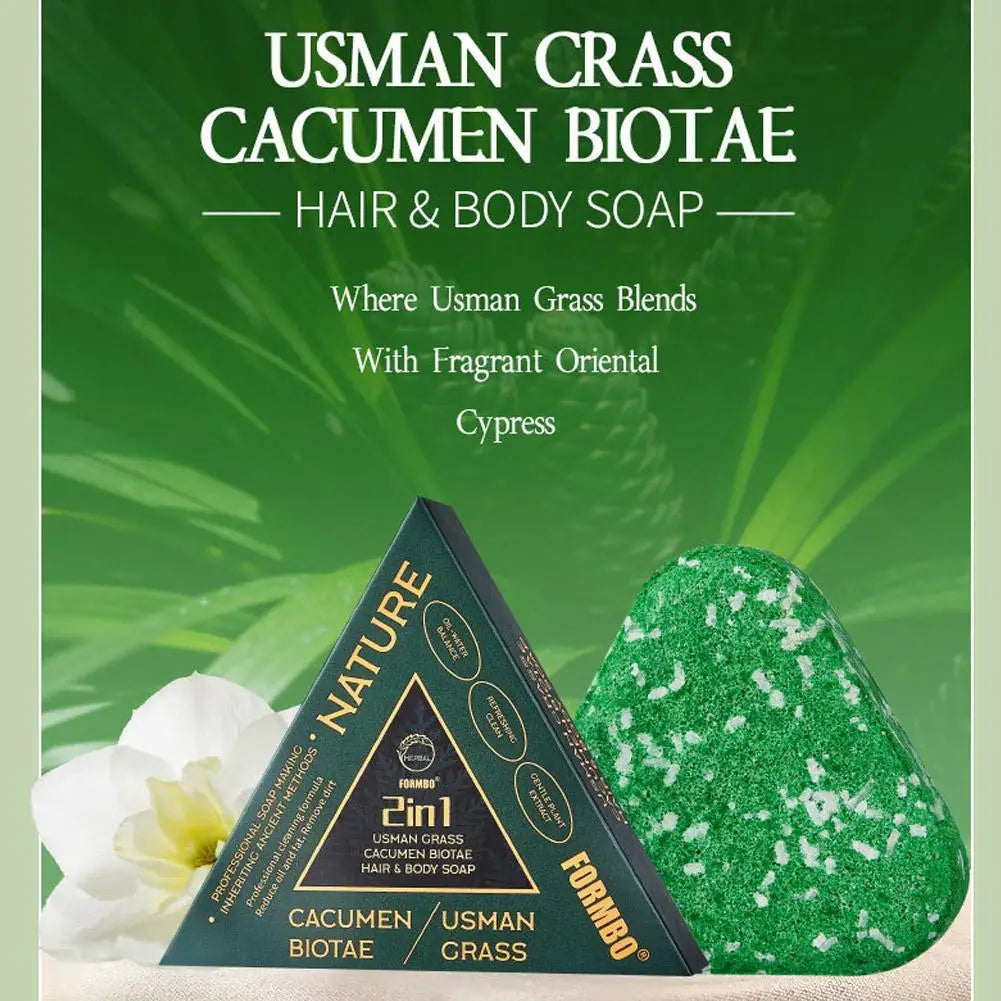 Usman Grass & Platycladus Herbal Shampoo Soap Natural Hair Treat Strengthens Roots Controls Oil Cleanses Scalp Hair Care