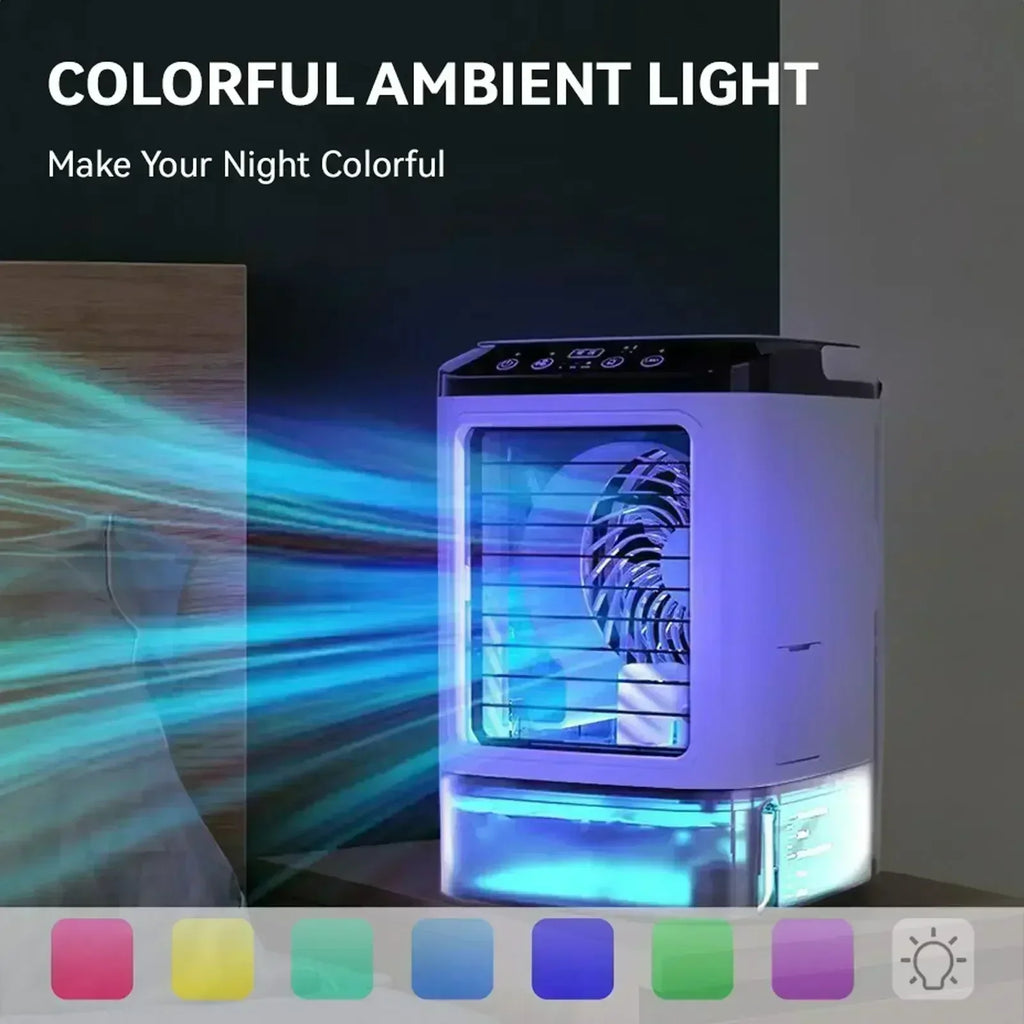 Portable Evaporative Rechargeable Mini Air Cooler 900ml Tank 3‑Speed Desktop Fan 7‑Color Night Light Humidifier Dorm Travel