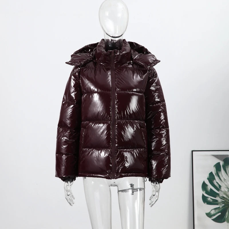 High Street Women's Glossy Zipper Hooded Coats Warm Elastic Waist Pleated Short Cotton Female Jacket 2026 Winter New Lady Outfit