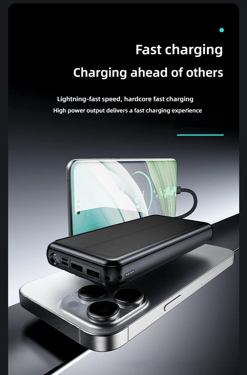 30000mAh Solar Power Bank Super Fast Charging Compact Portable Built-in 4 Cable High Capacity External Battery with Led Light