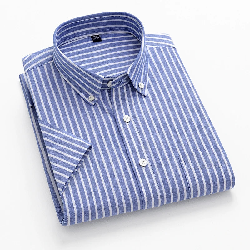 New Men's Striped Fashion Short Sleeve 100% Cotton Oxford Plaid Business Button Down Regular Fit Office Shirt Man Clothing
