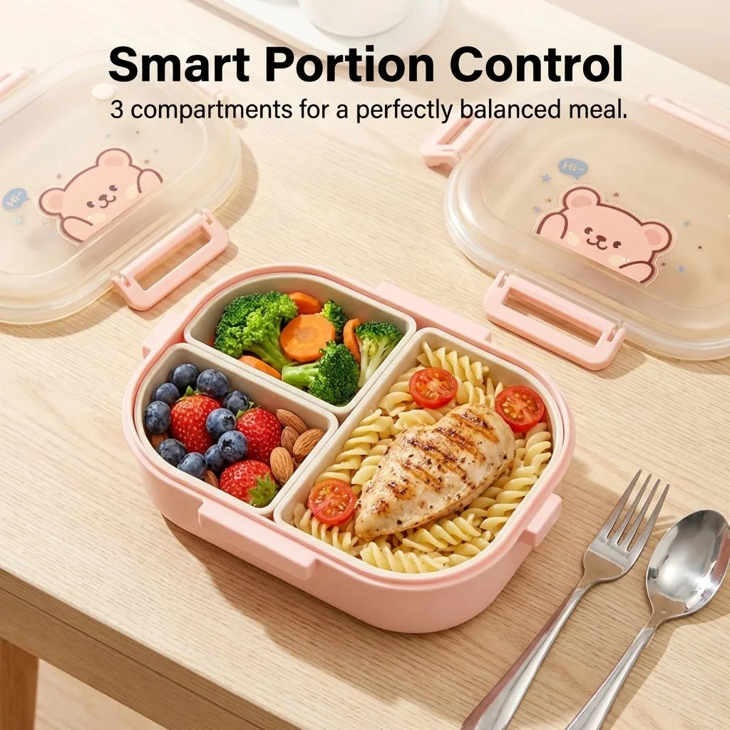 Microwaveable Plastic Lunch Box With 3 Compartments Cartoon Kids Divided Bento Box Portable Food Storage Container School Picnic