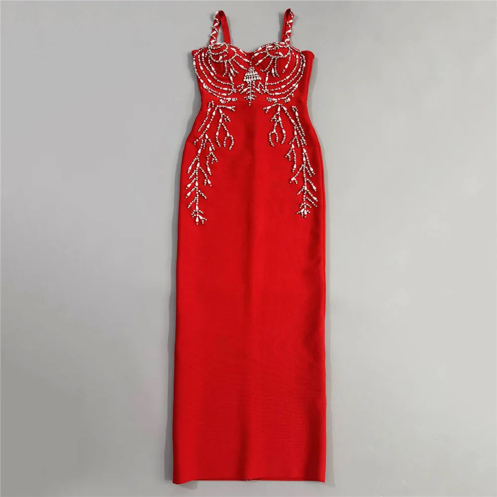 Women Elegant Beading Bandage Dress Spaghetti Strap Bodycon Clothes Club Party Evening Dresses