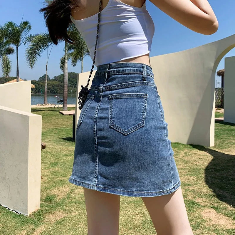 Denim Short Skirt Women's New Summer High Waist Split Half Body Retro Wrapped Hip Skirt  A-line Pant Skirt