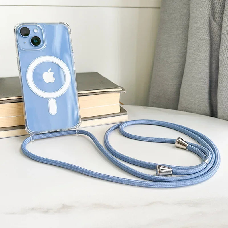 Crossbody Lanyard Clear Magnetic Case For iPhone 18 17 Air 16 15 Plus 14 13 12 Pro Max For Magsafe Acrylic Hard PC Back Cover