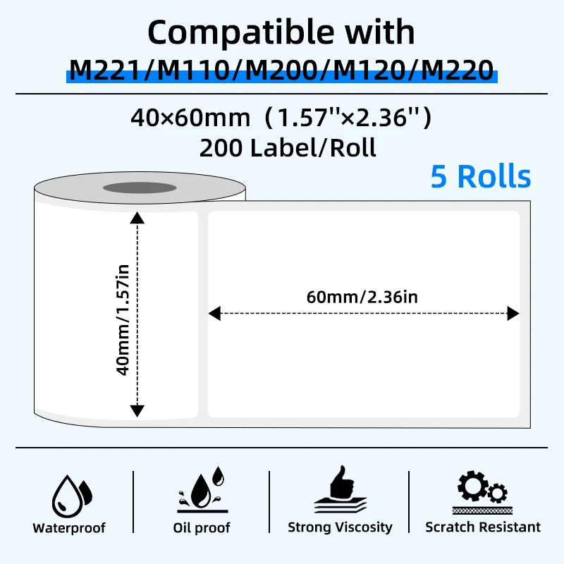 5 Rolls of Thermal Label Paper, Coreless White Self-Adhesive Waterproof Stickers, Suitable for Portable Handheld Printers - for Barcodes, Addresses, Shipping, Corporate Offices, Commercial and Home Labels 30*20mm 30*30 40*20