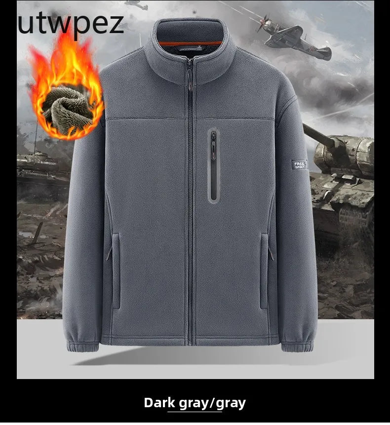 Winter Warm Fleece Jacket Men Climbing Double Thickened Pocket Jacket Outdoor High Collar Windproof Ski Sweatshirt Coat Man Snow