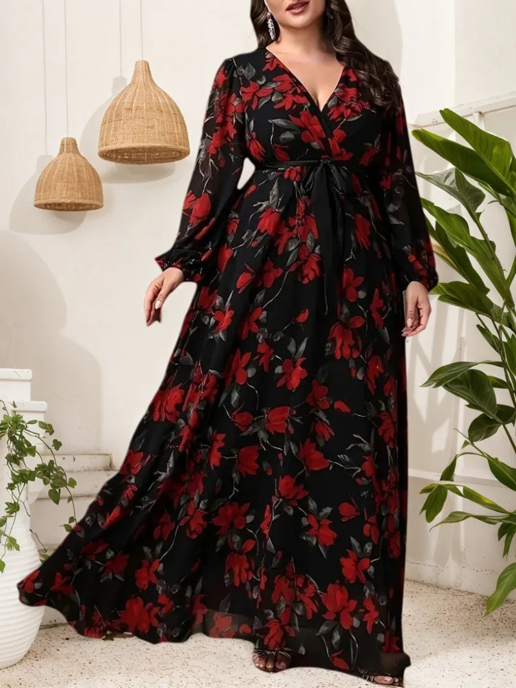 GIBSIE Plus Size Floral Print V-Neck Belted Dress Women Spring and Autumn Bohemian Vacation Long Sleeve Elegant Maxi Dresses
