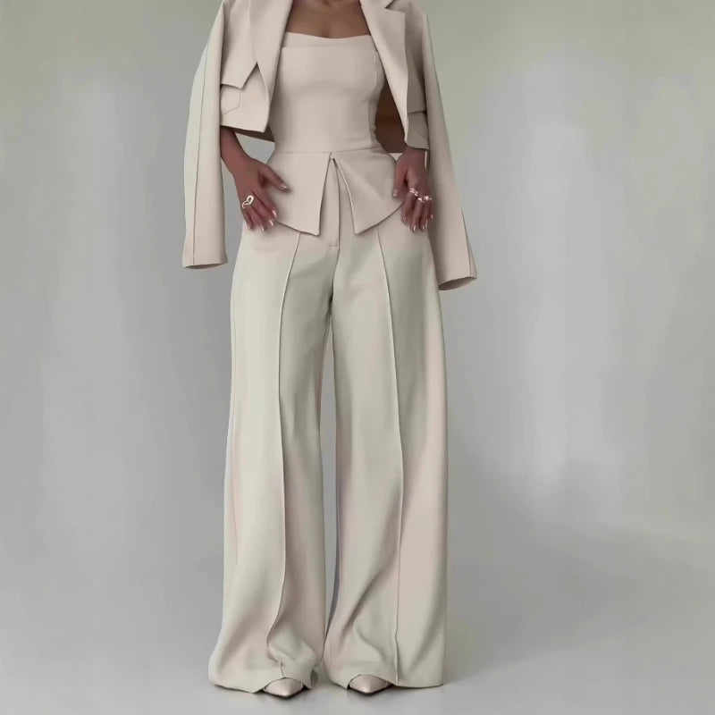 Pant Set Women 3 Piece Sets Lapel Full Sleeve Blazers Plain Sling Top Wide Leg Long Pants Splice Y2k Streetwear Work Summer 2026