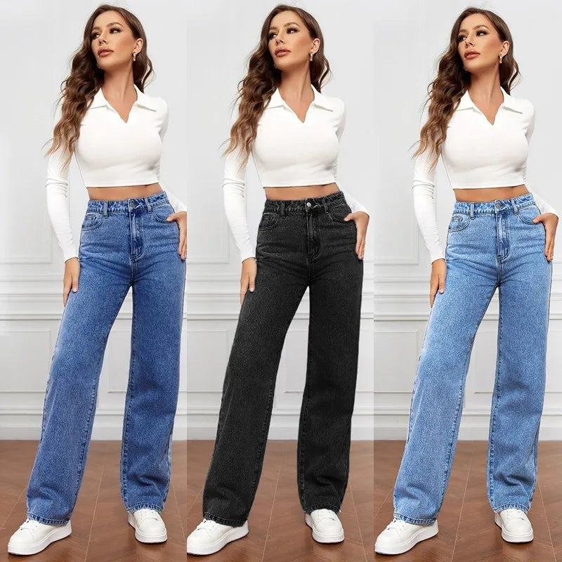 Women High Waist Black Washed Wide Leg Jeans Straight Denim Pants Casual Baggy Jeans Fashion Streetwear Trousers
