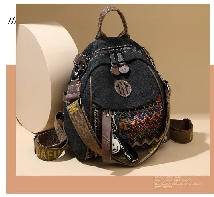 Denim ethnic style embroidered women's double shoulder bag, color-matched large capacity backpack, multi-purpose crossbody bag