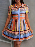 Summer Princess-Sleeve Geometric Print Shirt Dress, Suitable for Casual Vacations, Office Commutes, and Daily Home Wear