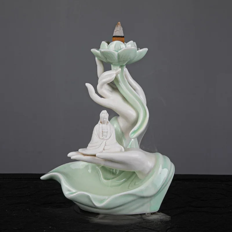 Newest Celadon Backflow Incense Fountain Antique Lotus Incense Burner for Incense Sticks Holder Gothic Decor Zen Bergamot Stove