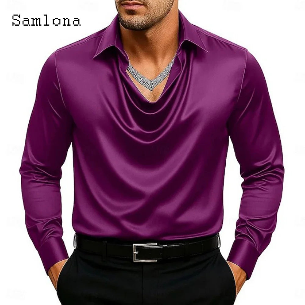 Men Long Sleeves Notched Shirt Clothing 2025 European Fashion Basic Top Solid Silver Gold Blouse Mens Casual V-neck Shirts Homme