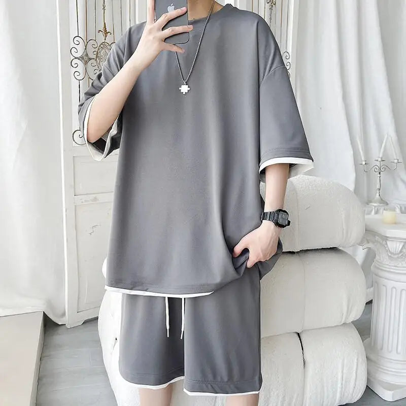 Men's Solid Color 2-Piece Outfit Short Sleeve T-Shirt & Drawstring Elastic Waist Shorts Set Casual Lounge & Streetwear Clothing