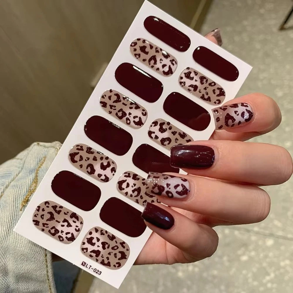 32 Strips Autumn Nail Stickers Semi Cured Full Cover Gel Nail Polish Strips Manicure Leopard Print Nail Patch