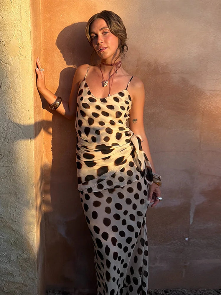 2026 Summer Animal Print Long Dress Outfit Women Backless V-neck Ruched Party Holiday Dresses Sexy Lady Bodycon Slip Dresses
