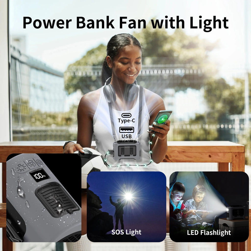 Socoolfan 14500mAh Outdoor Fan Portable Waist Hanging Neck Strong Dual Air Vents Fans for Travel Sports Courier Outdoor Working