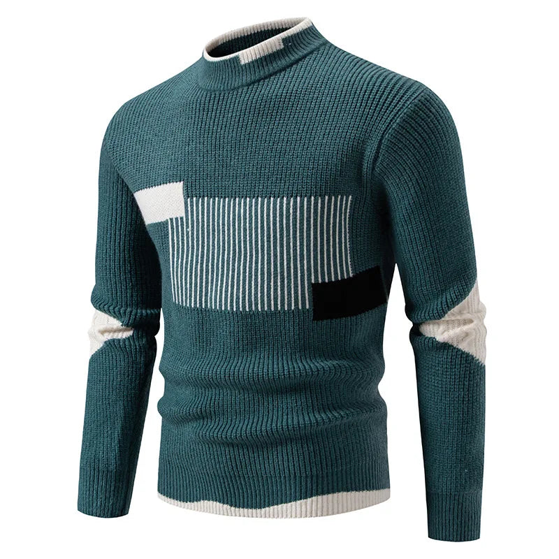 High Quality Men's New Autumn Winter Sweaters Casual Warm Mock Neck Pullovers Trend Color Blocking Design Men Sweaters Knit Tops