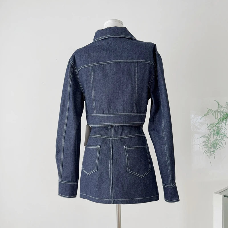 Vintage Wash Denim 2 Piece Sets Women Long Sleeve Crop Top Zipper Jacket and A-Line Mini Skirts Suits Streetwear Jeans Outfits